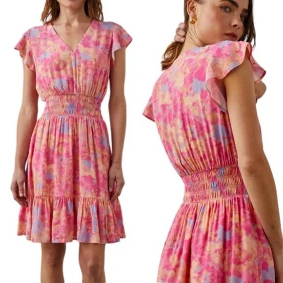 NEW  RailsTara Flutter Sleeve Smocked Waist Mini Dress in Passion Flower Sz XS - Picture 1 of 12